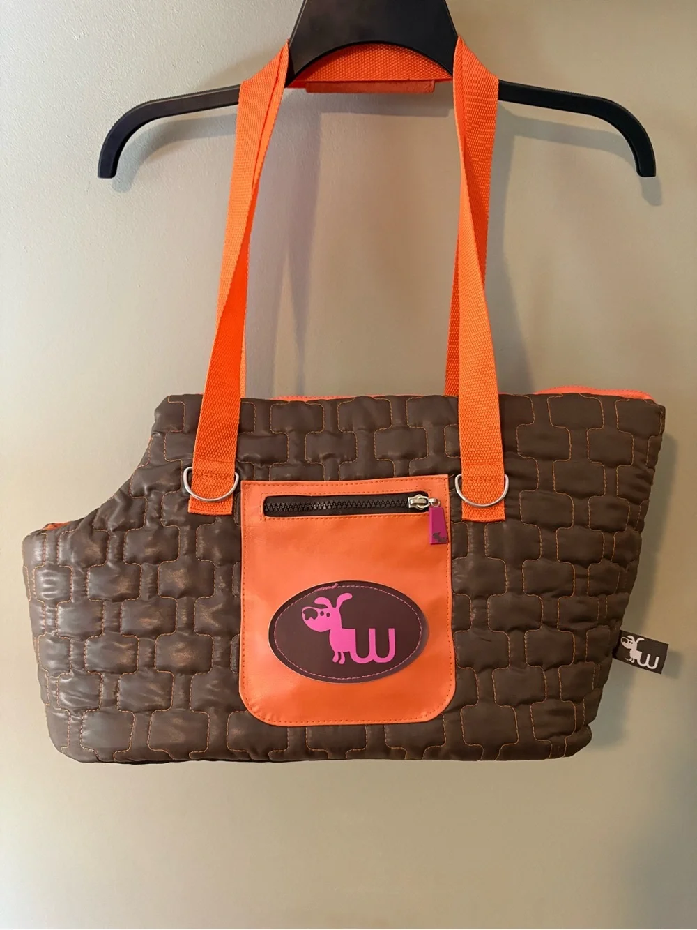Vintage: Quilted Brown and Orange Dog Carrier Tote with Pink Logo